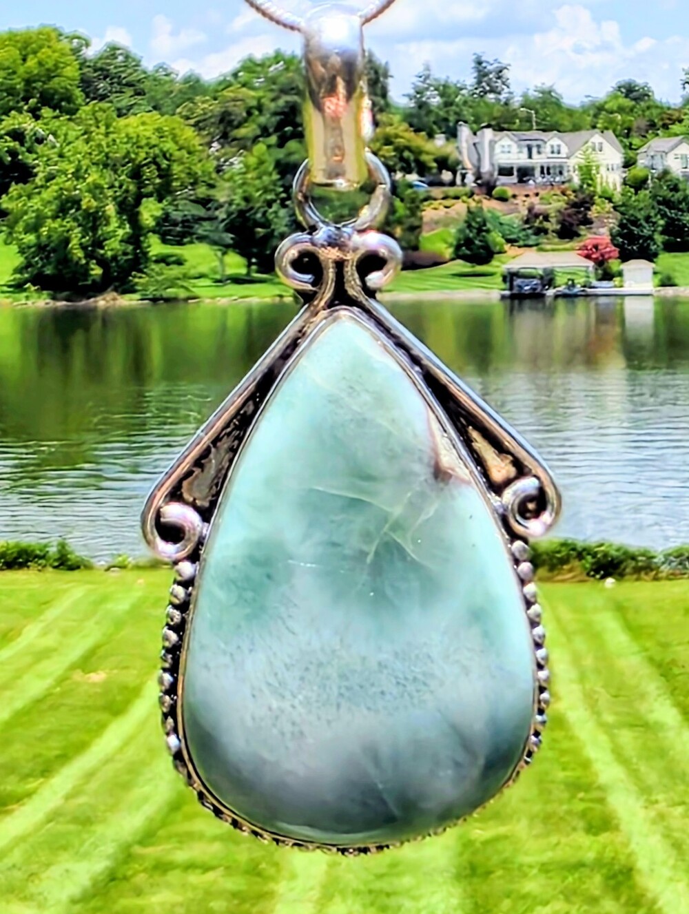 Larimar Gemstone Pendant In 925 Sterling Silver (2.2")